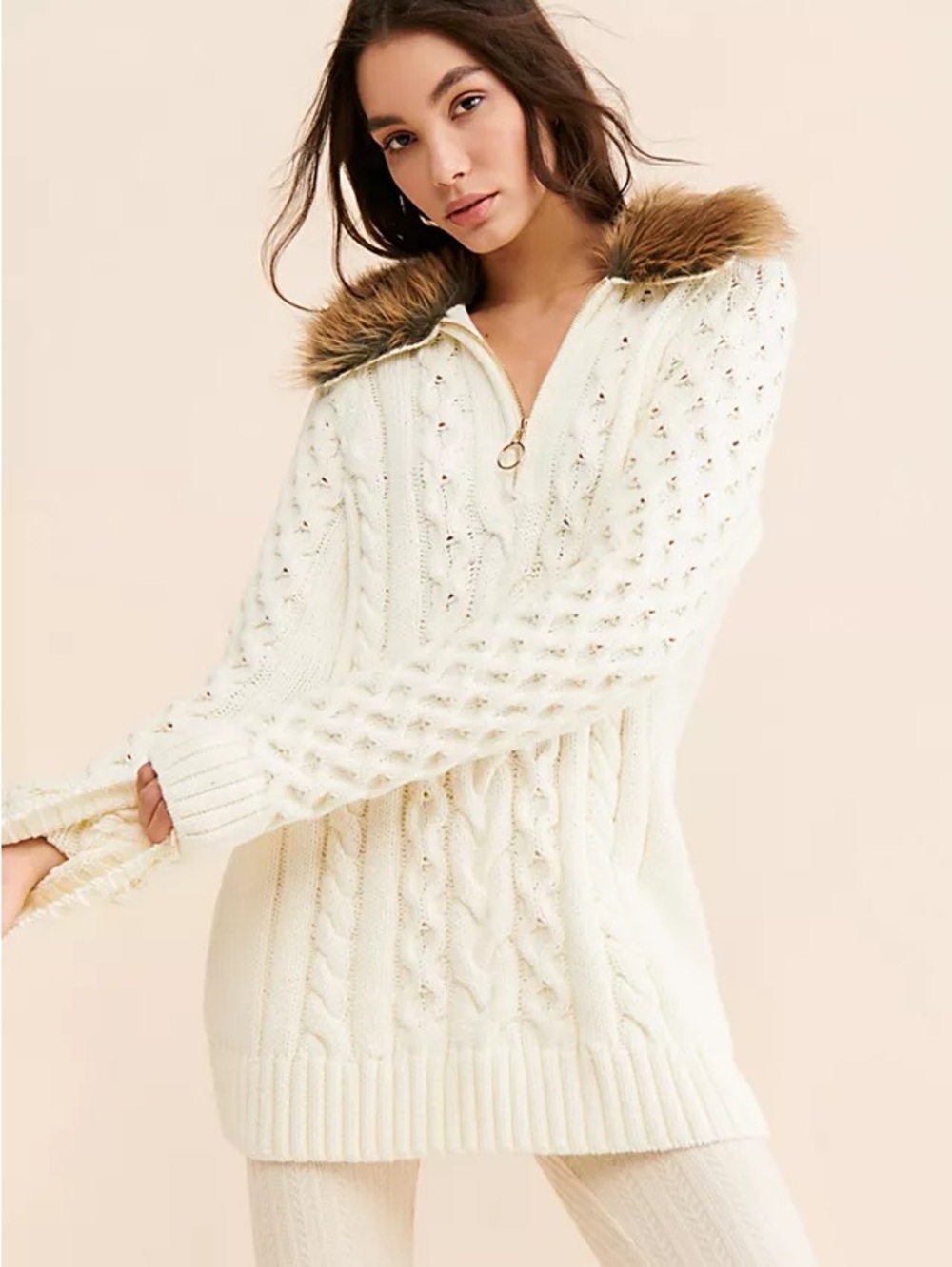 Show Me Your MuMu Cream Cable-Knit Half-Zip Sweater with Faux Fur Hood Trim